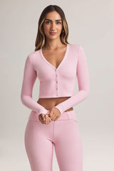 Kiva-Modal Ribbed Cropped Cardigan in Pastel Pink