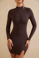Bindi-High Neck Long Sleeve Mini Dress in Chocolate