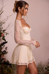 Ninette-Long Sleeve Lace Corset Mini Dress in Ivory