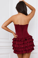 Juliet-Bandeau Ruffled Tiered Corset Mini Dress in Berry Red