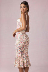 Valentina-Layered Bra-Detail Fishtail Midaxi Dress in Primrose Floral Print