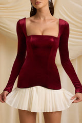 Darline-Layered Pleated Corset Mini Dress in Wine Red