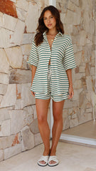Lacole Button Up Shirt and Shorts Set - Beige / Green Stripe