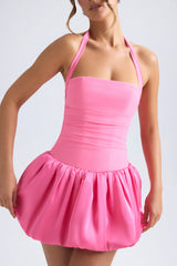 Ludmila-Halterneck Lace-Up Bubble Hem Corset Micro Mini Dress in Hot Pink