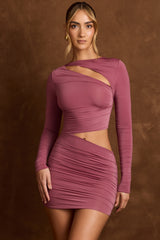 Arlys-Asymmetric Cut-Out Draped Mini Dress in Rose Brown