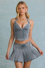 Laika-Low-Rise Pleated Mini Skirt in Light Blue