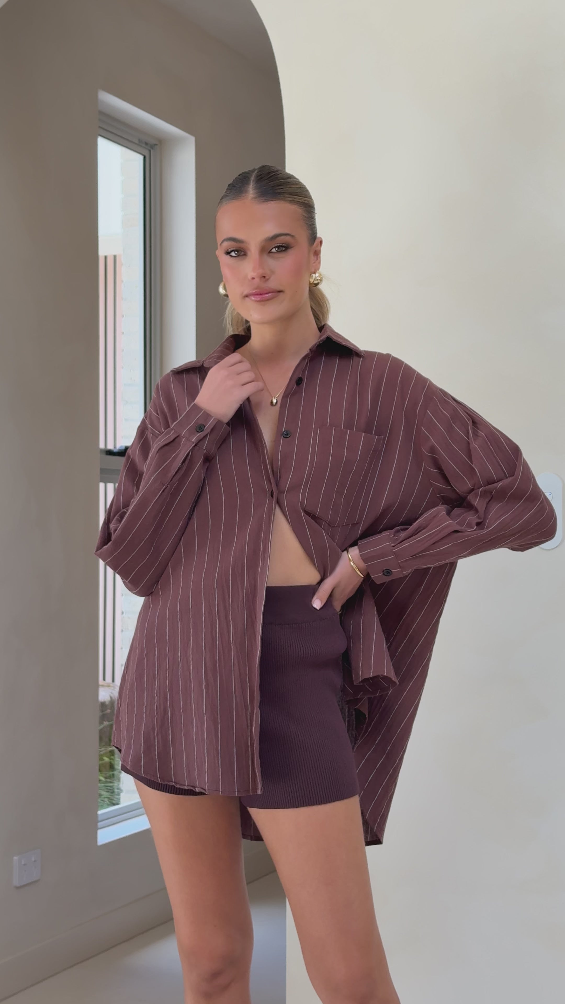Kloa Button Up Top - Brown Pinstripe