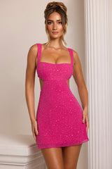 Emilion-Embellished Cut Out Mini Dress in Fuschia