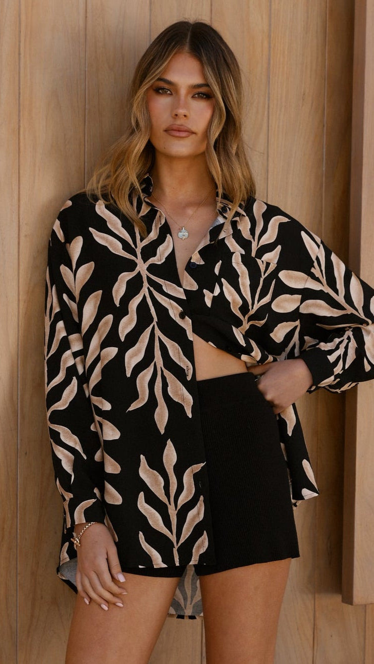 Koa Button Up Top - Black/Tan Print