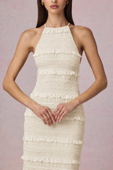 Tove-Ruffled Backless Halterneck Maxi Dress in Ivory