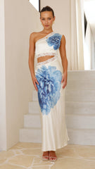 Emily One Shoulder Maxi Dress - Ivory / Blue