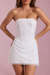 Ziya-Embellished Draped Strapless A-Line Mini Dress in White
