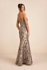 Gowning Around Sage Floral Jacquard Strapless Maxi Dress