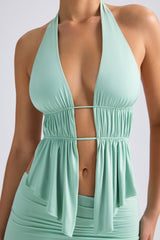 Larisa-Cut-Out Ruched Halterneck Crop Top in Pastel Green