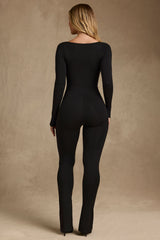 Leida-Modal Ruched Long-Sleeve Jumpsuit in Black