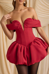 Jessamy-Off-Shoulder Layered Bubble Hem Corset Mini Dress in True Red