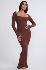 Jude-Ribbed Modal Long Sleeve Maxi Dress in Chocolate