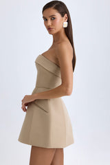 Talina-Foldover-Neck Structured Tulip Mini Dress in Camel