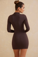 Bindi-High Neck Long Sleeve Mini Dress in Chocolate