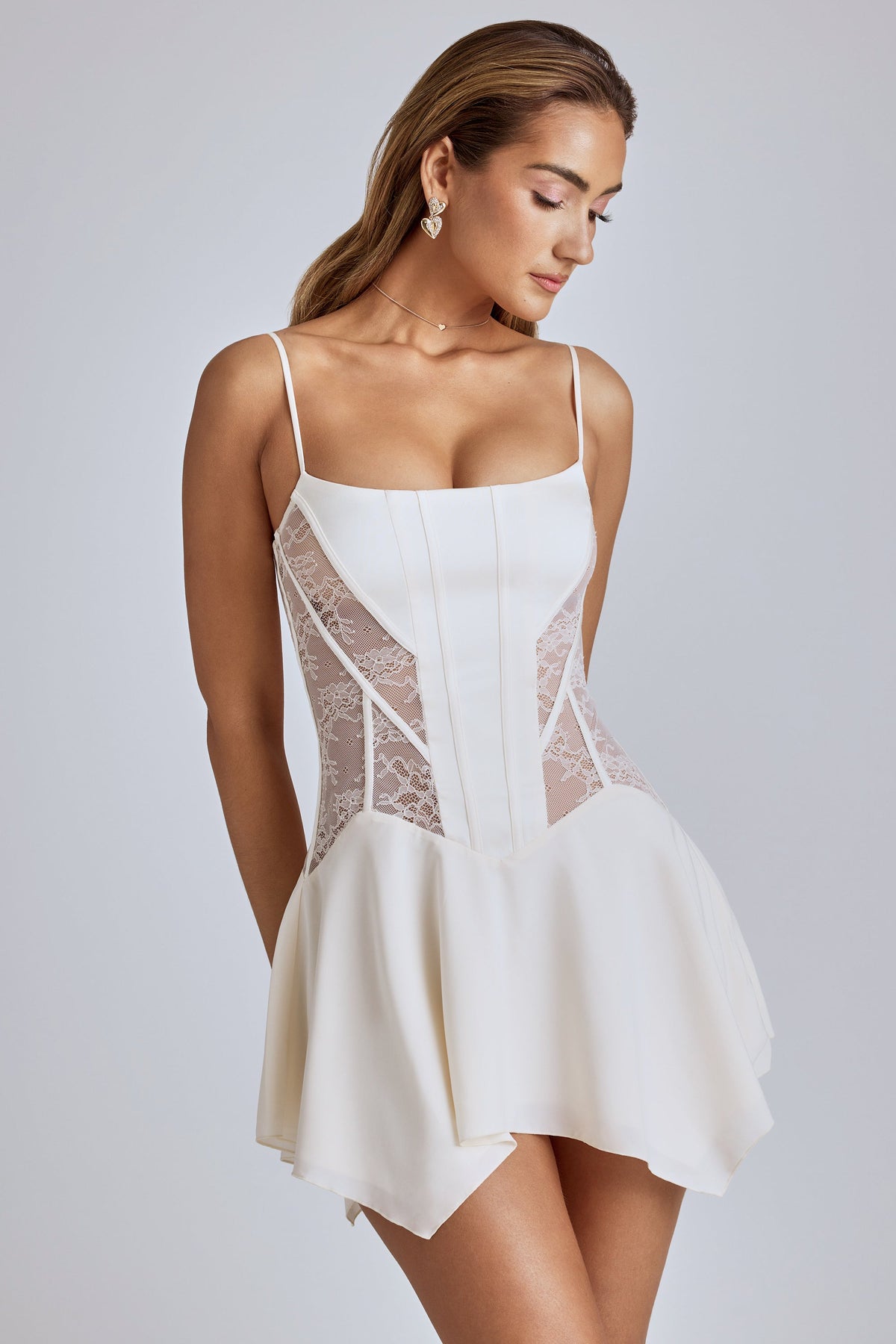 Anniken-Lace Handkerchief Hem Mini Dress in Ivory