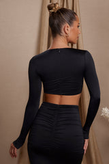 Maeva-Long Sleeve Ruched Crop Top in Black