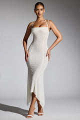 Dole-Embellished Handkerchief Hem Maxi Dress in White