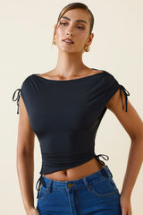 Kaede-Asymmetric Ruched Cowl-Back Crop Top in Black