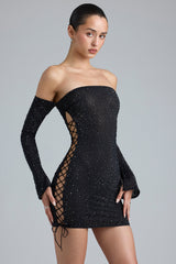 Jade-Embellished Lace-Up Off-Shoulder Mini Dress in Black