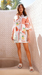 Aceso Asymmetrical Mini Dress - Lemon / Papaya Print