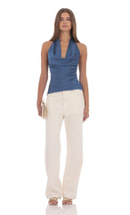 Satin Cowl Neck Top in Denim Blue