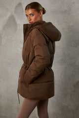 Mid Length Hooded Puffer Coat in Cocoa Brown