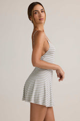 Mansi-Modal Ribbed Tie-Back A-Line Mini Dress in Blue Yellow Stripe