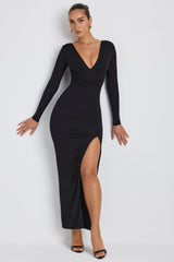 Marcela-Modal Plunge Neck Long Sleeve Maxi Dress in Black