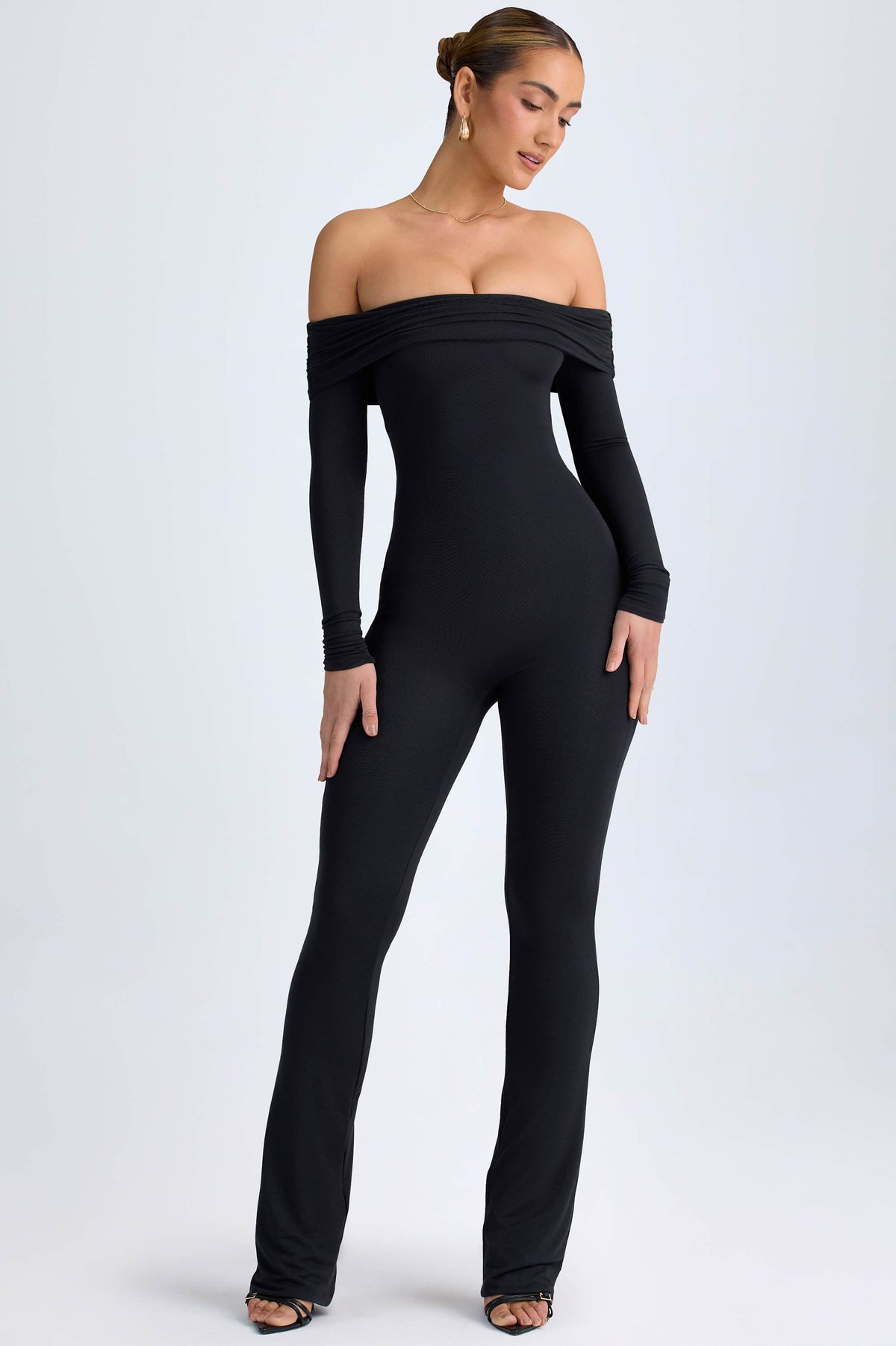 Dilnaz-Modal Off-Shoulder Ruched Jumpsuit in Black