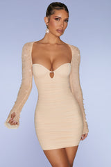 St Germain-Embellished Long Sleeve Mini Dress in Sand