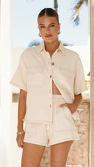 Loretta Button Up Shirt and Shorts Set - Beige / Cream