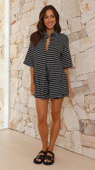 Lacole Button Up Shirt and Shorts Set - Black / White Stripe