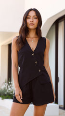 Gallia Asymmetrical Top and Shorts Set - Black