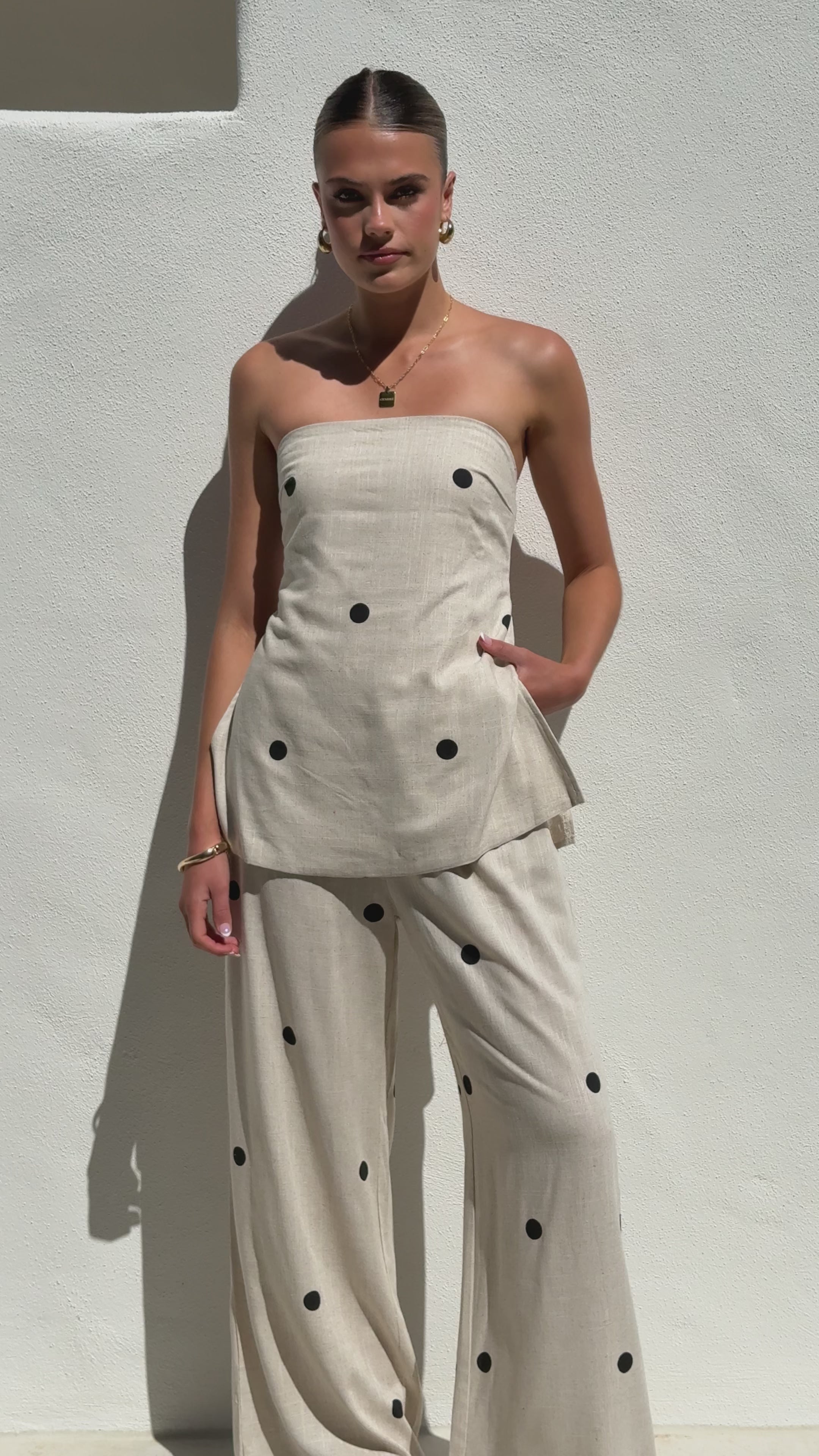 Kailani Strapless Top and Pants Set - Oatmeal / Black Polka Dot
