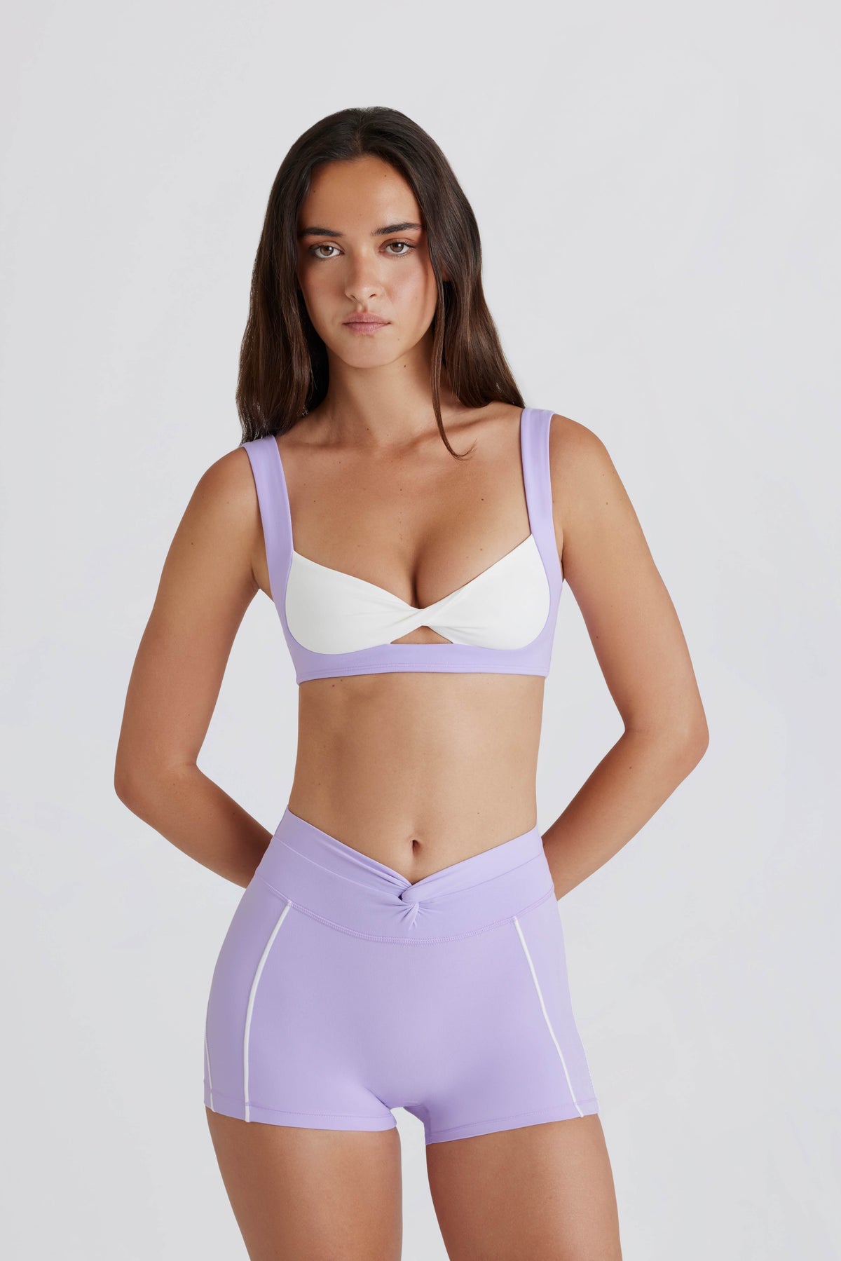Soft Active Twist-Front Mini Shorts in Lilac