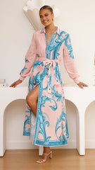 Lucia Long Sleeve Maxi Dress - Aqua/Pink Print