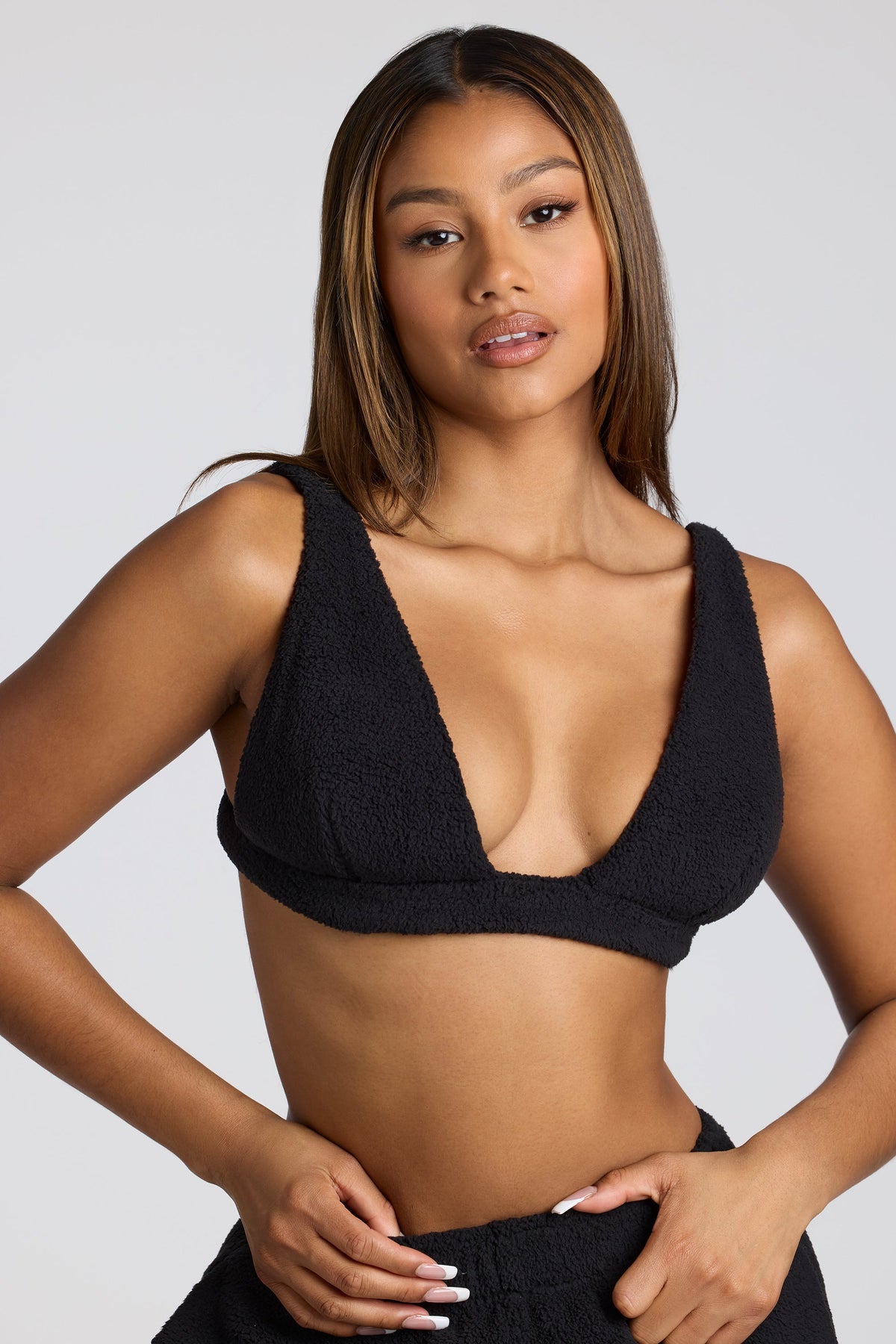 Loungewear-V Neck Fleece Bralette in Black