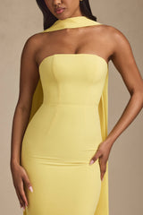 Imogene-Scarf-Detail Strapless Gown in Pastel Yellow