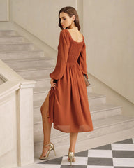 Red Puffed Sleeve Slit Midi Dress