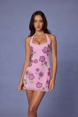 Galene-Embellished Halterneck Mini Dress in Soft Pink