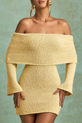 Souline-Bouclé Off-Shoulder Mini Dress in Yellow