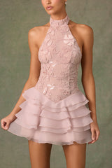 Petalia-Embellished Ruffled Halterneck Mini Dress in Dusty Rose