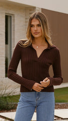 Corbin Collared Knit Top - Brown