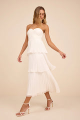 Seriously Sensational White Strapless Tiered Midi Dress