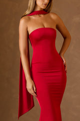 Mandi-Scarf-Detail Strapless Gown in Scarlet Red
